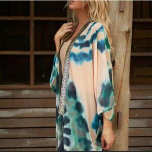 Suki So Goddess Tie Dye Gold Metallic Greek Key Kimono Swim Coverup With Belt OS